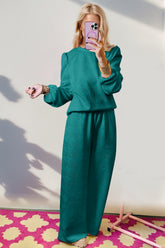 Double Take Texture Long Sleeve Top and Wide Leg Pants Set Teal OutfitFlow